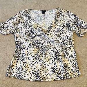 Ann Taylor White Black Print Wrap V Neck Short Sleeve Blouse XL